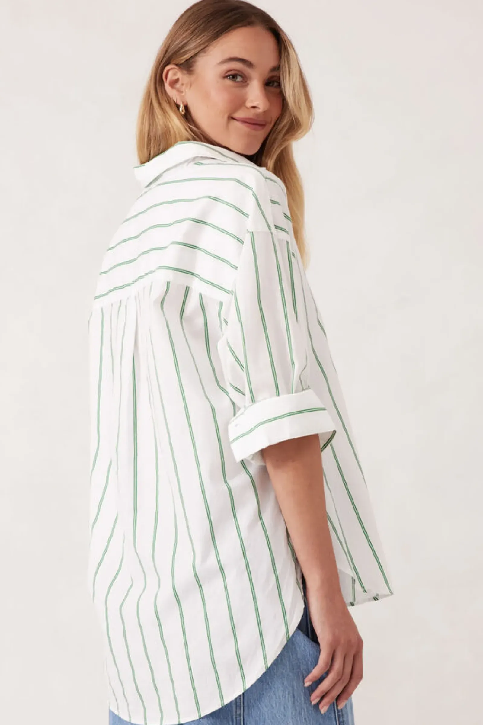 Ceres Life Tops|Oversized Poplin Shirt- Grass Fine Twin Stripe