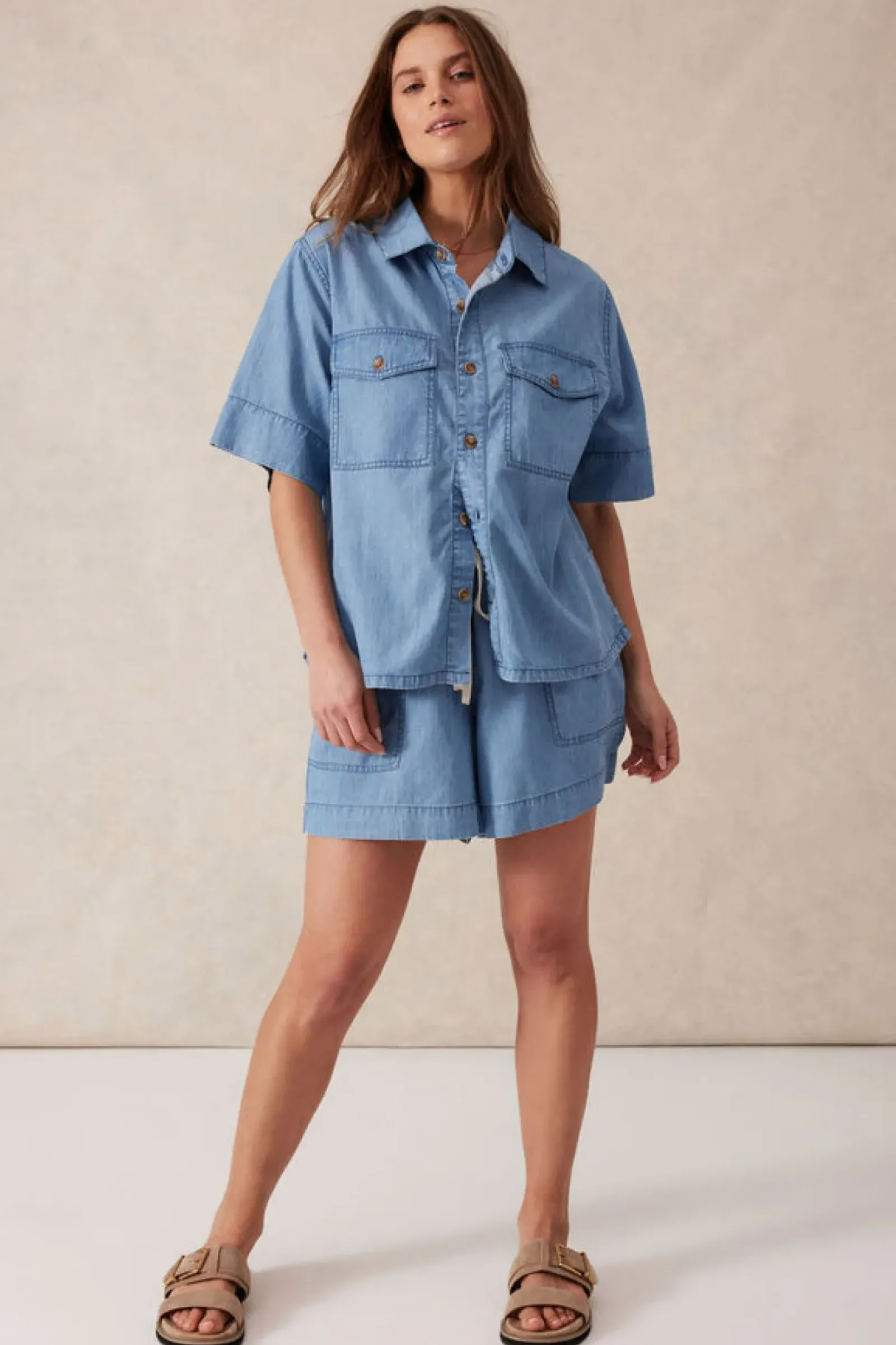 Ceres Life Tops|Relaxed Short Sleeve Shirt - Vintage Blue Pinstripe