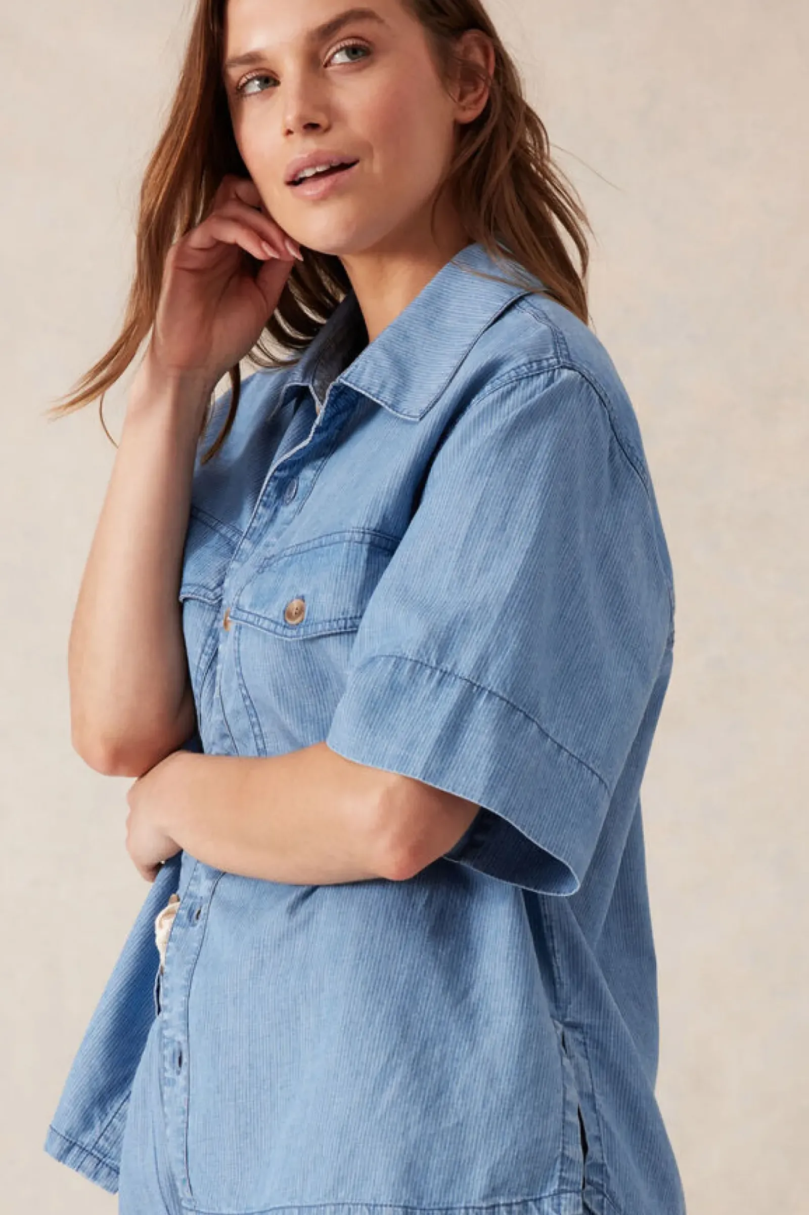 Ceres Life Tops|Relaxed Short Sleeve Shirt - Vintage Blue Pinstripe