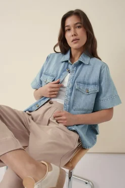 Ceres Life Toggle Menu|Tops|Short Sleeve Boxy Shirt - Vintage Blue Denim