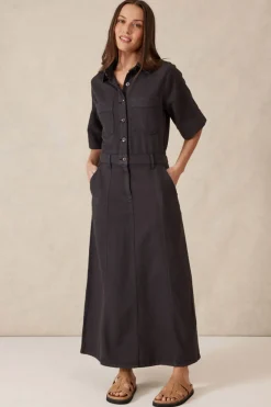 Ceres Life Dresses|Short Sleeve Denim Midi Shirt Dress - Washed Black Twill
