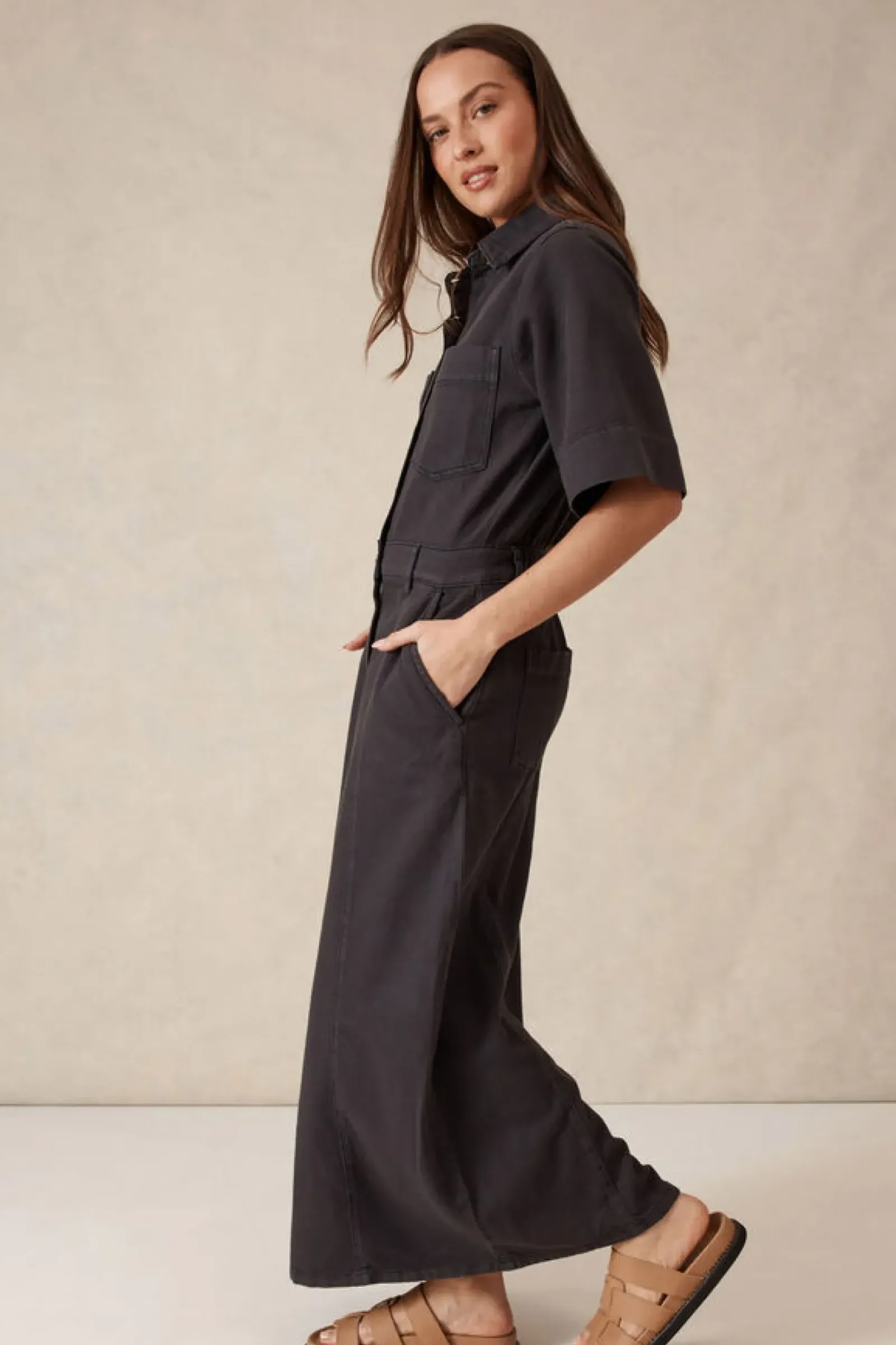 Ceres Life Dresses|Short Sleeve Denim Midi Shirt Dress - Washed Black Twill