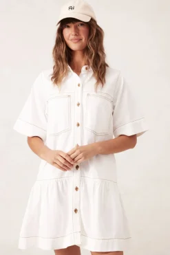 Ceres Life Dresses|Short Sleeve Tiered Pocket Shirt Dress - Fresh Ecru