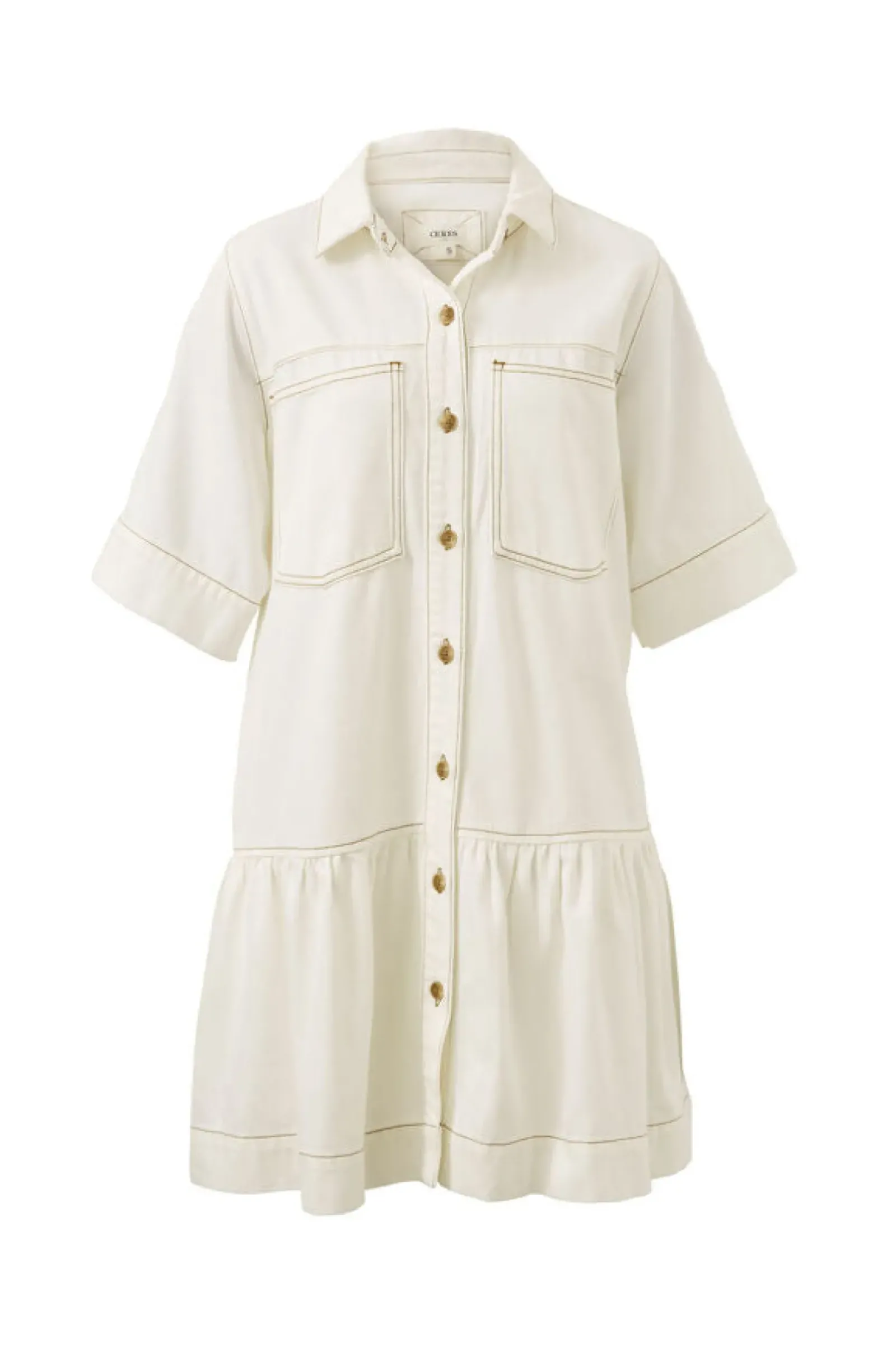Ceres Life Dresses|Short Sleeve Tiered Pocket Shirt Dress - Fresh Ecru