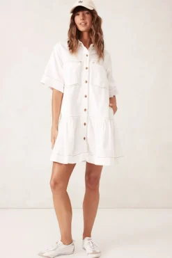 Ceres Life Dresses|Short Sleeve Tiered Pocket Shirt Dress - Fresh Ecru