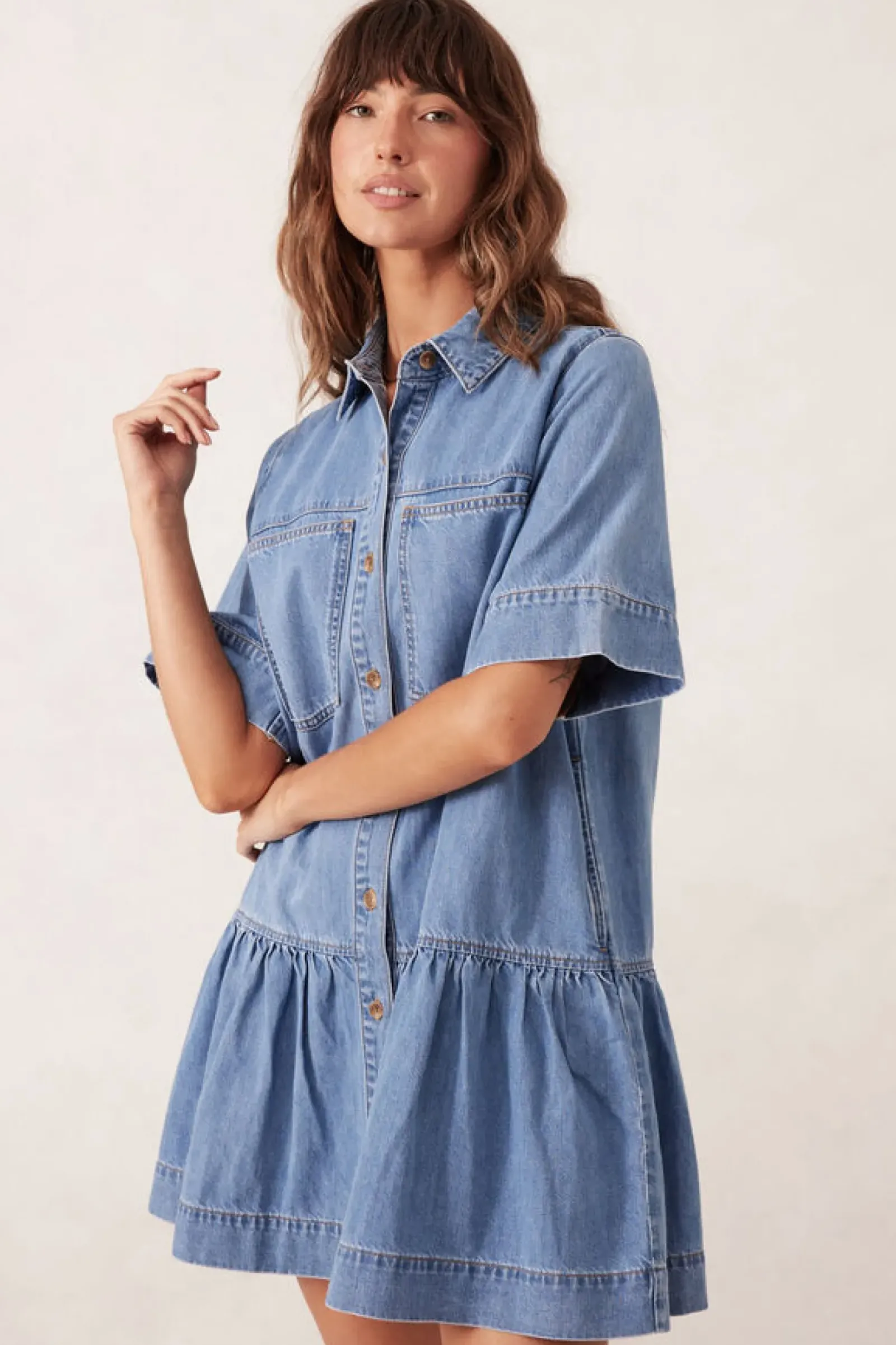 Ceres Life Dresses|Short Sleeve Tiered Pocket Shirt Dress - Vintage Blue