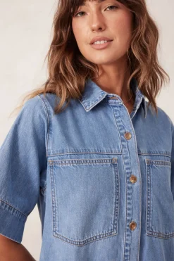 Ceres Life Dresses|Short Sleeve Tiered Pocket Shirt Dress - Vintage Blue