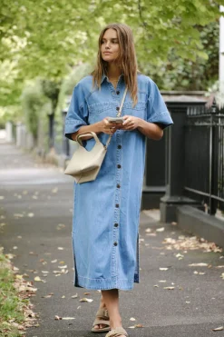 Ceres Life Toggle Menu|Dresses|Short Sleeve Yoke Detail Midi Dress - Vintage Blue