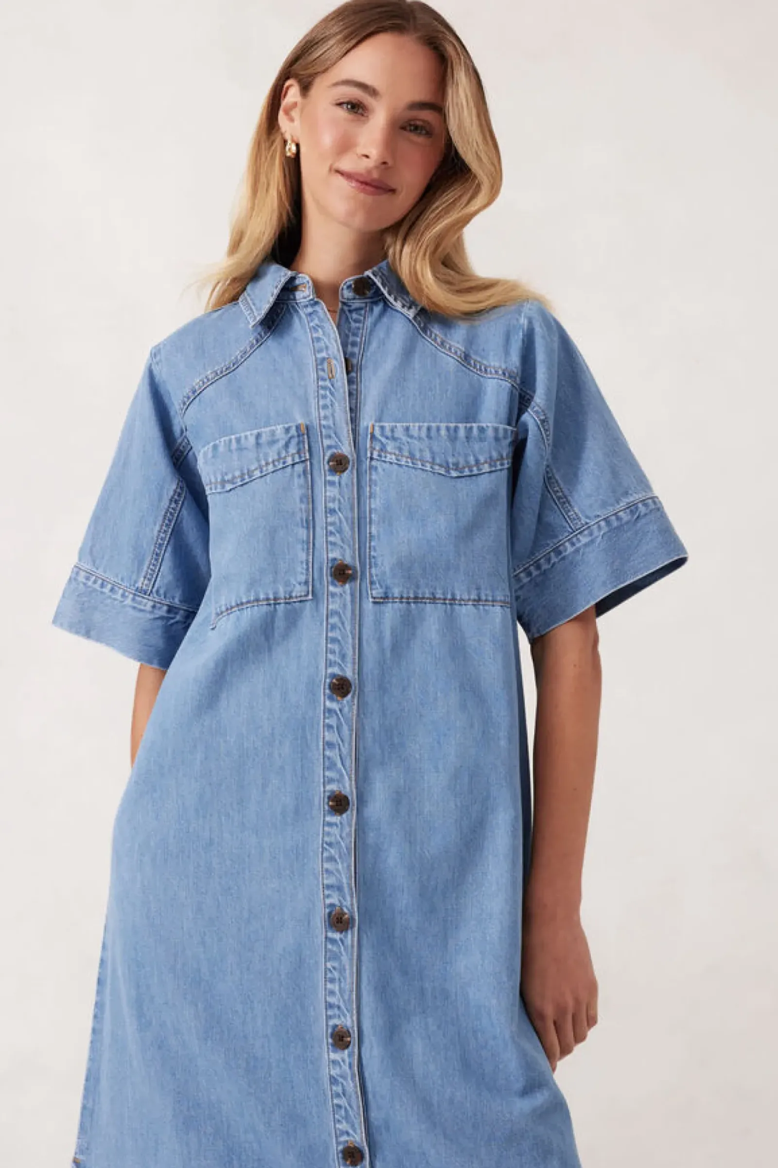 Ceres Life Toggle Menu|Dresses|Short Sleeve Yoke Detail Midi Dress - Vintage Blue