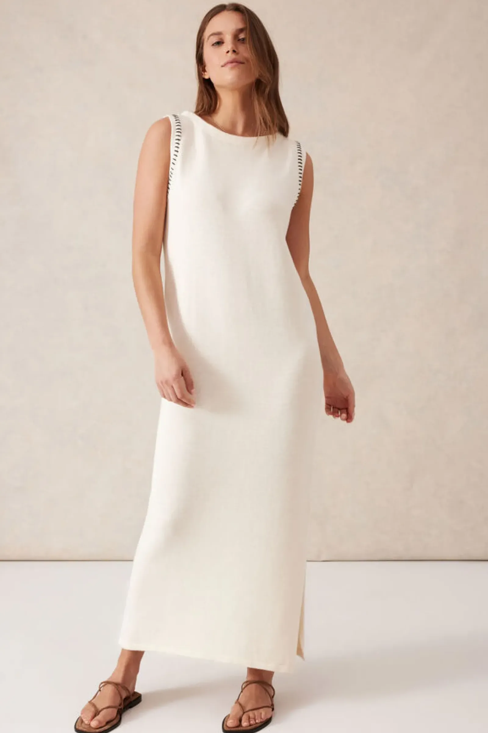 Ceres Life Dresses|Sleeveless Boat Neck Knit Midi Dress - Eggshell