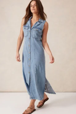 Ceres Life Dresses|Sleeveless Panelled Midi Shirt Dress - Vintage Blue