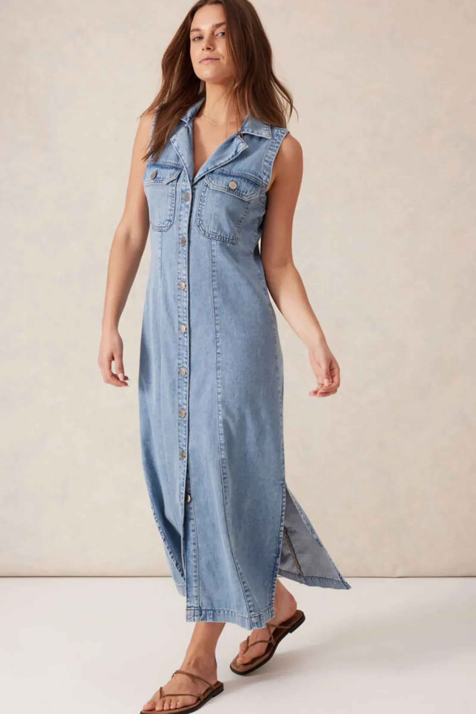 Ceres Life Dresses|Sleeveless Panelled Midi Shirt Dress - Vintage Blue