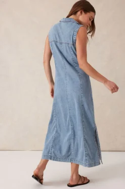 Ceres Life Dresses|Sleeveless Panelled Midi Shirt Dress - Vintage Blue