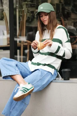 Ceres Life Tops|Slouchy Long Sleeve - Vanilla Pine Green Bold Stripe