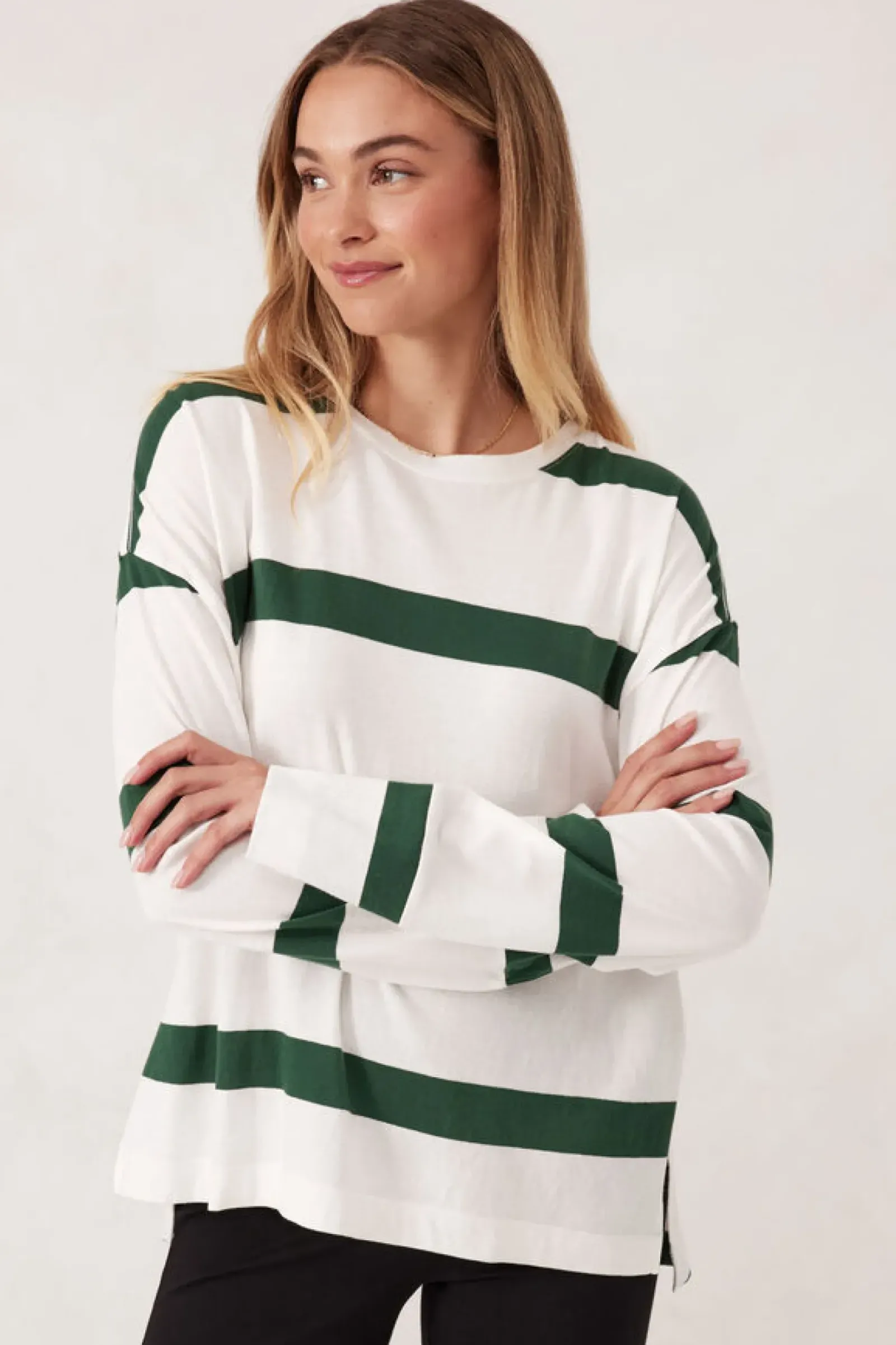 Ceres Life Tops|Slouchy Long Sleeve - Vanilla Pine Green Bold Stripe