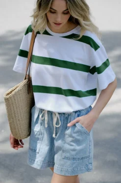 Ceres Life Tops|Slouchy Split Hem Tee - Winter Green Bold Stripe