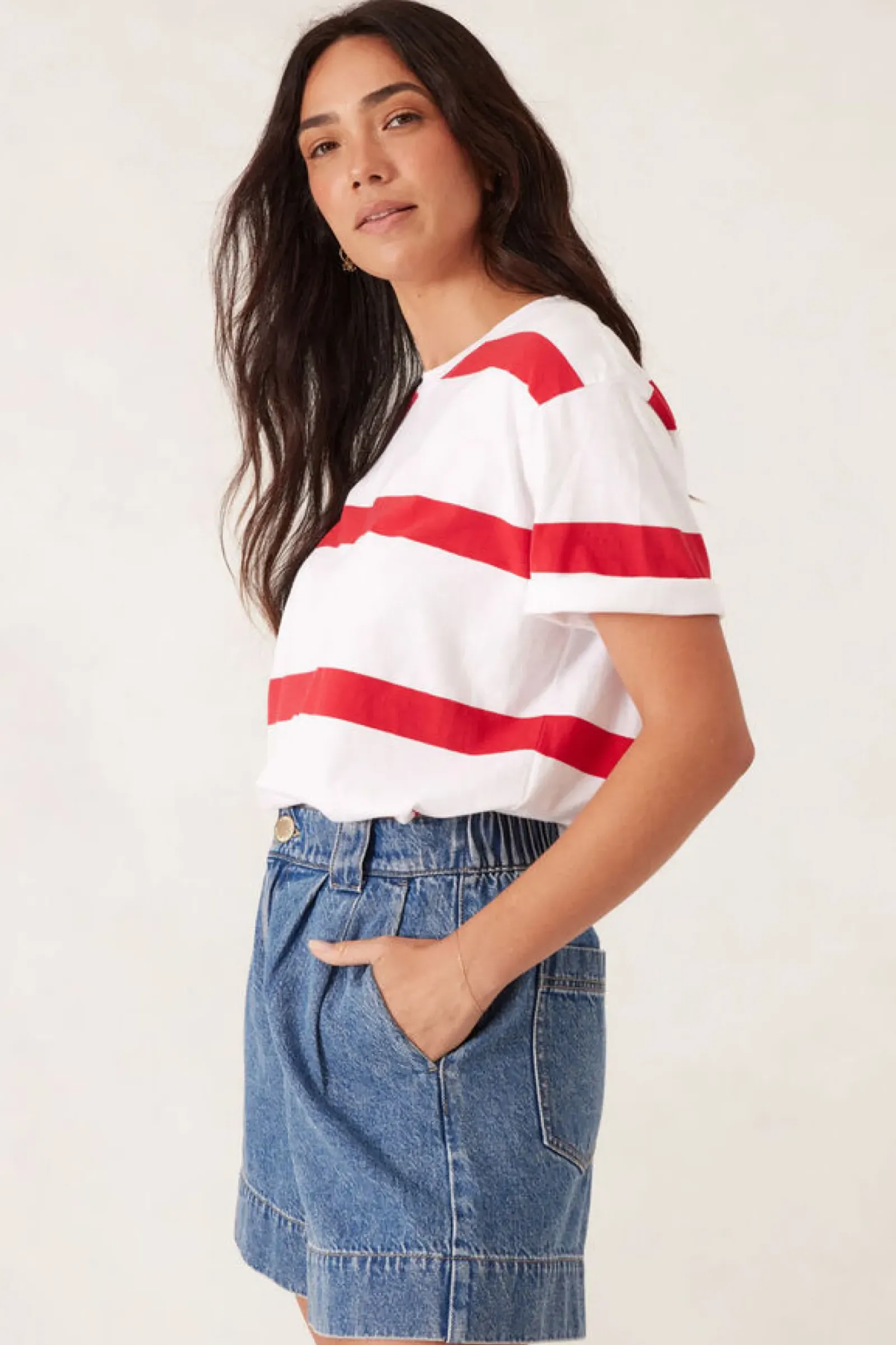 Ceres Life Tops|Slouchy Split Hem Tee - White/Heritage Red Bold Stripe