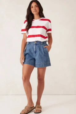 Ceres Life Tops|Slouchy Split Hem Tee - White/Heritage Red Bold Stripe