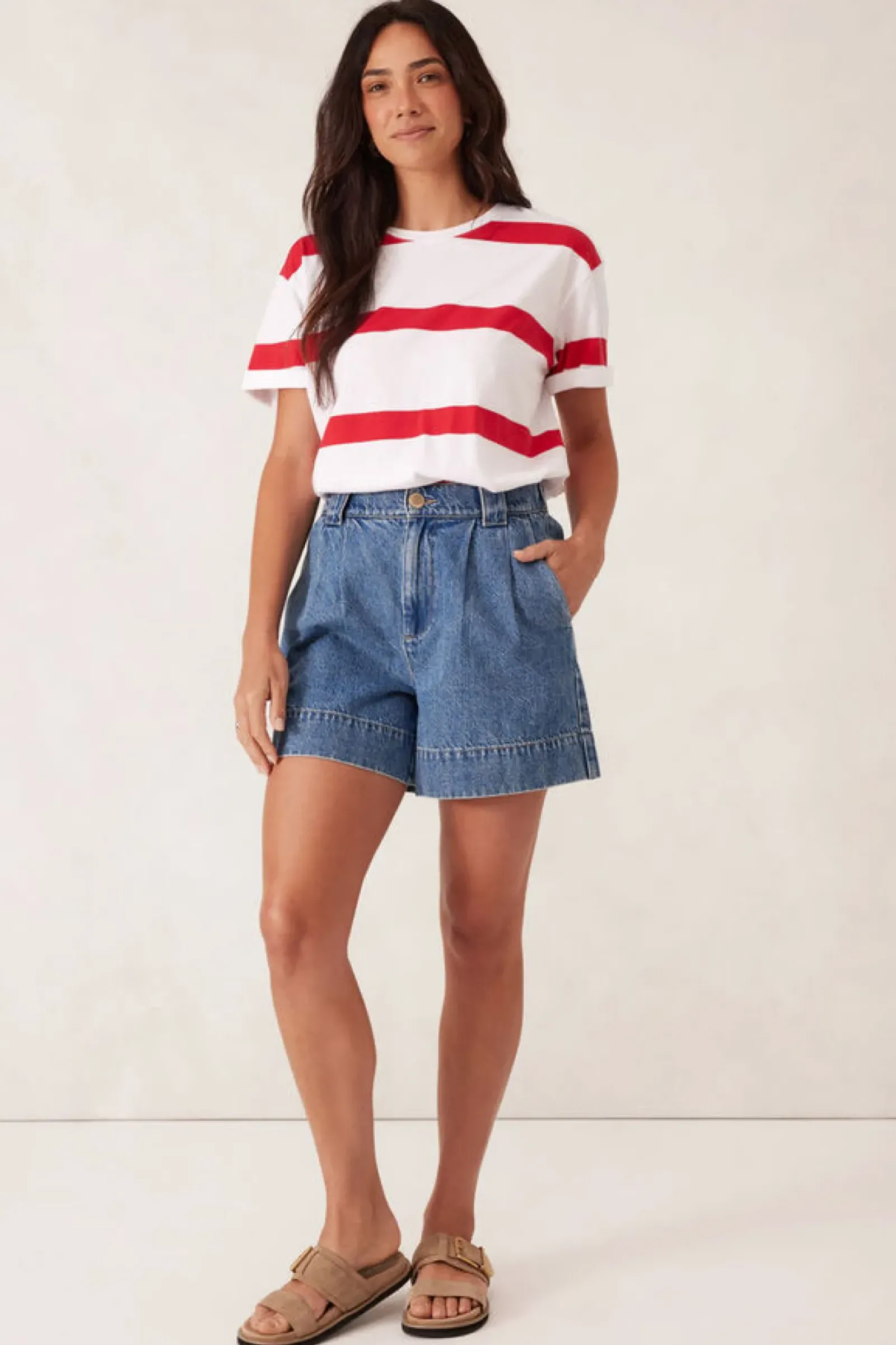Ceres Life Tops|Slouchy Split Hem Tee - White/Heritage Red Bold Stripe
