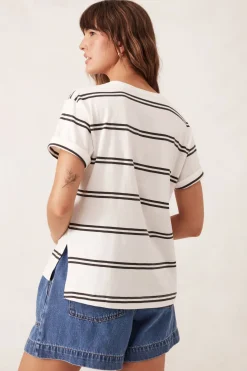 Ceres Life Tops|Slouchy Split Hem Tee - Vanilla/Phantom Double Stripe