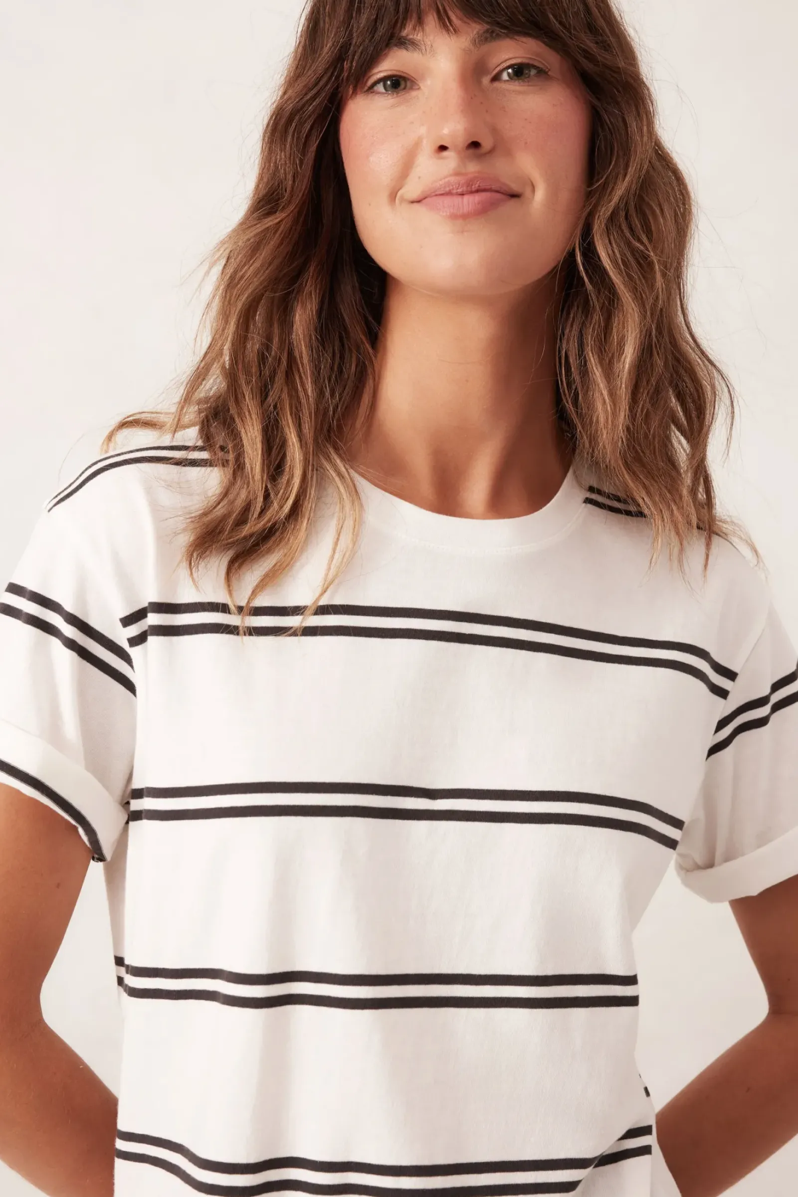 Ceres Life Tops|Slouchy Split Hem Tee - Vanilla/Phantom Double Stripe