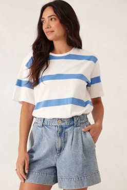 Ceres Life Tops|Slouchy Split Hem Tee - Vanilla/Pool Blue Bold Stripe