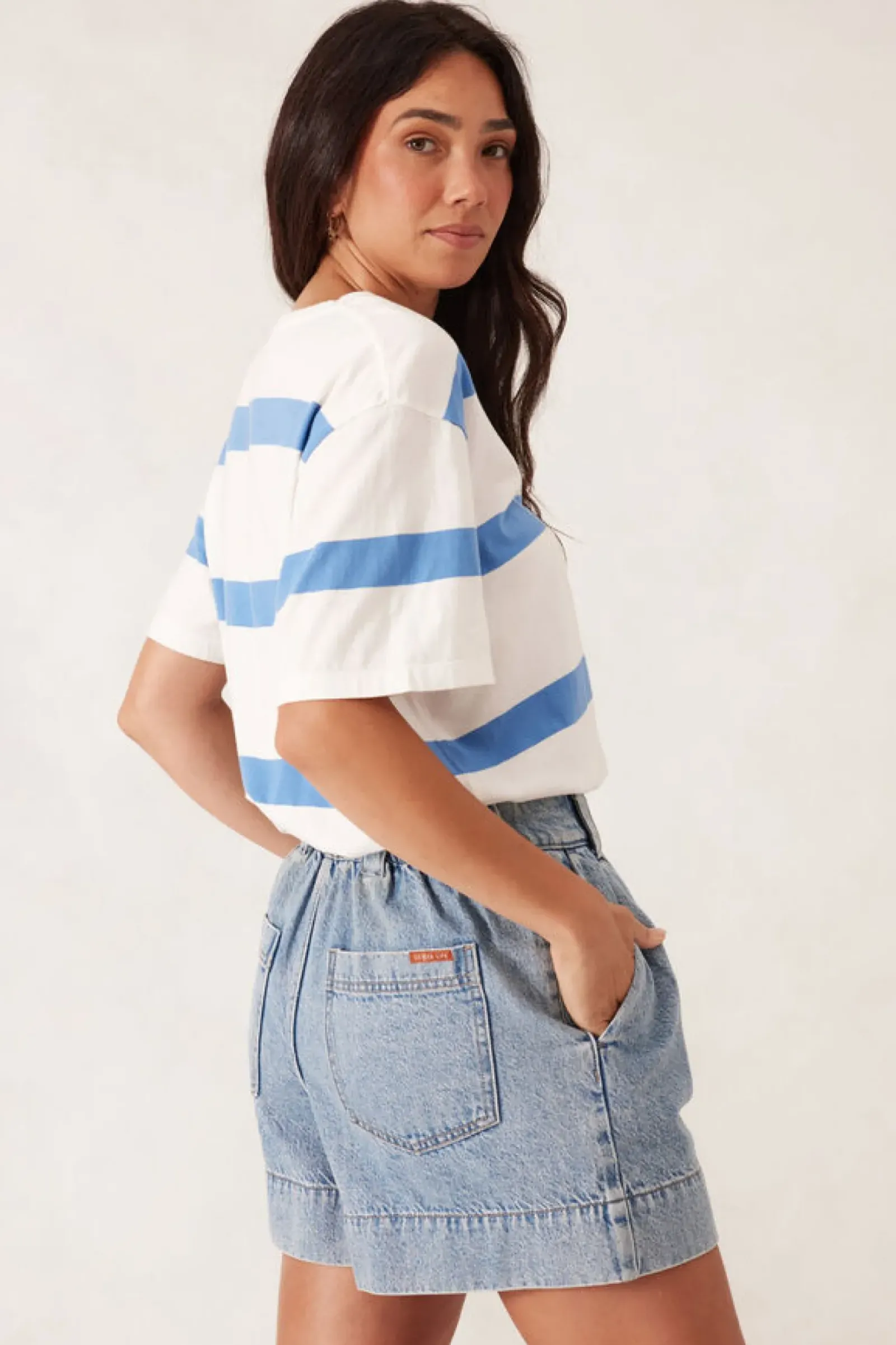 Ceres Life Tops|Slouchy Split Hem Tee - Vanilla/Pool Blue Bold Stripe
