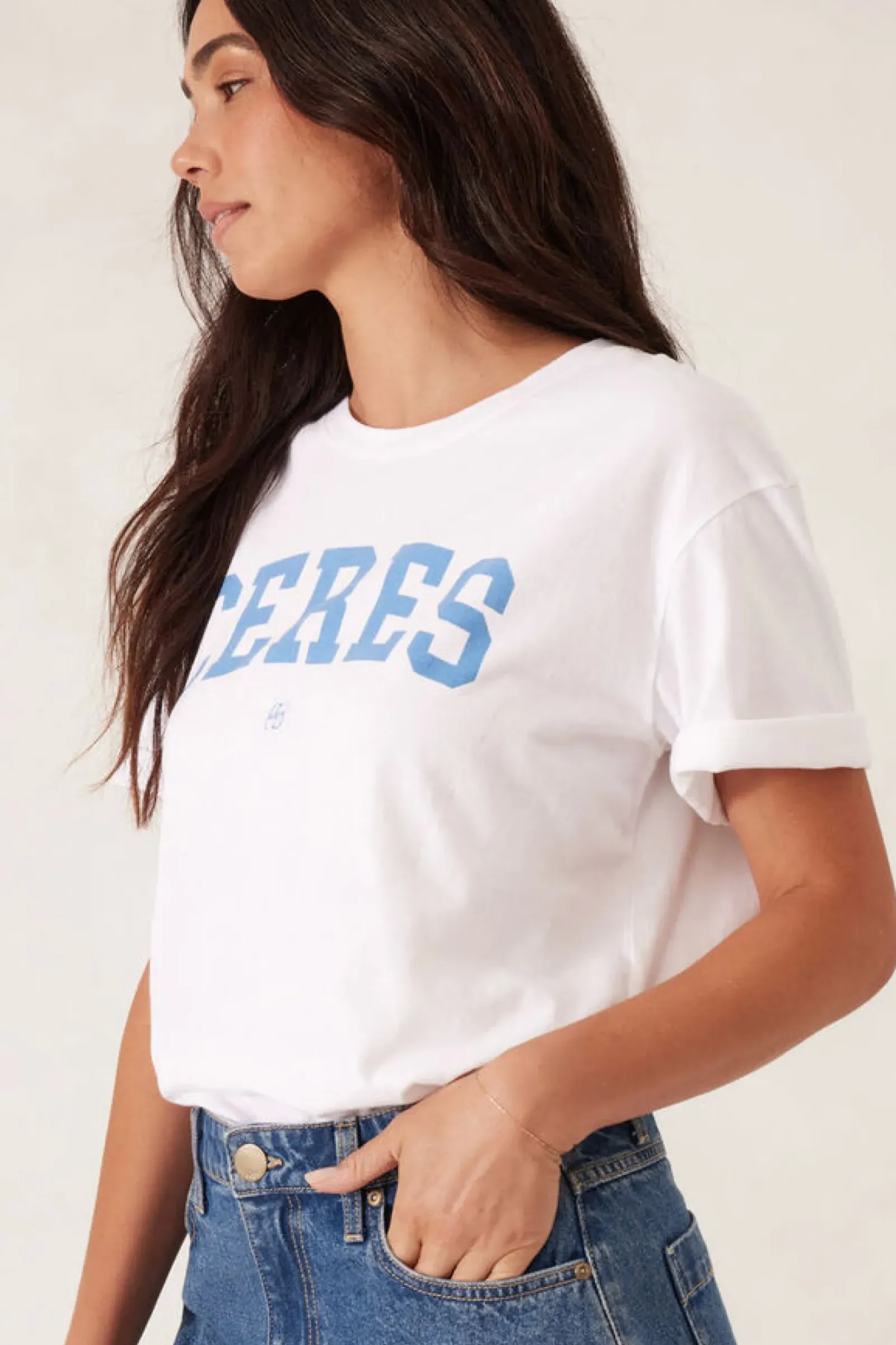 Ceres Life Tops|Slouchy Split Hem Tee - White/Ceres Varisty Pool Blue