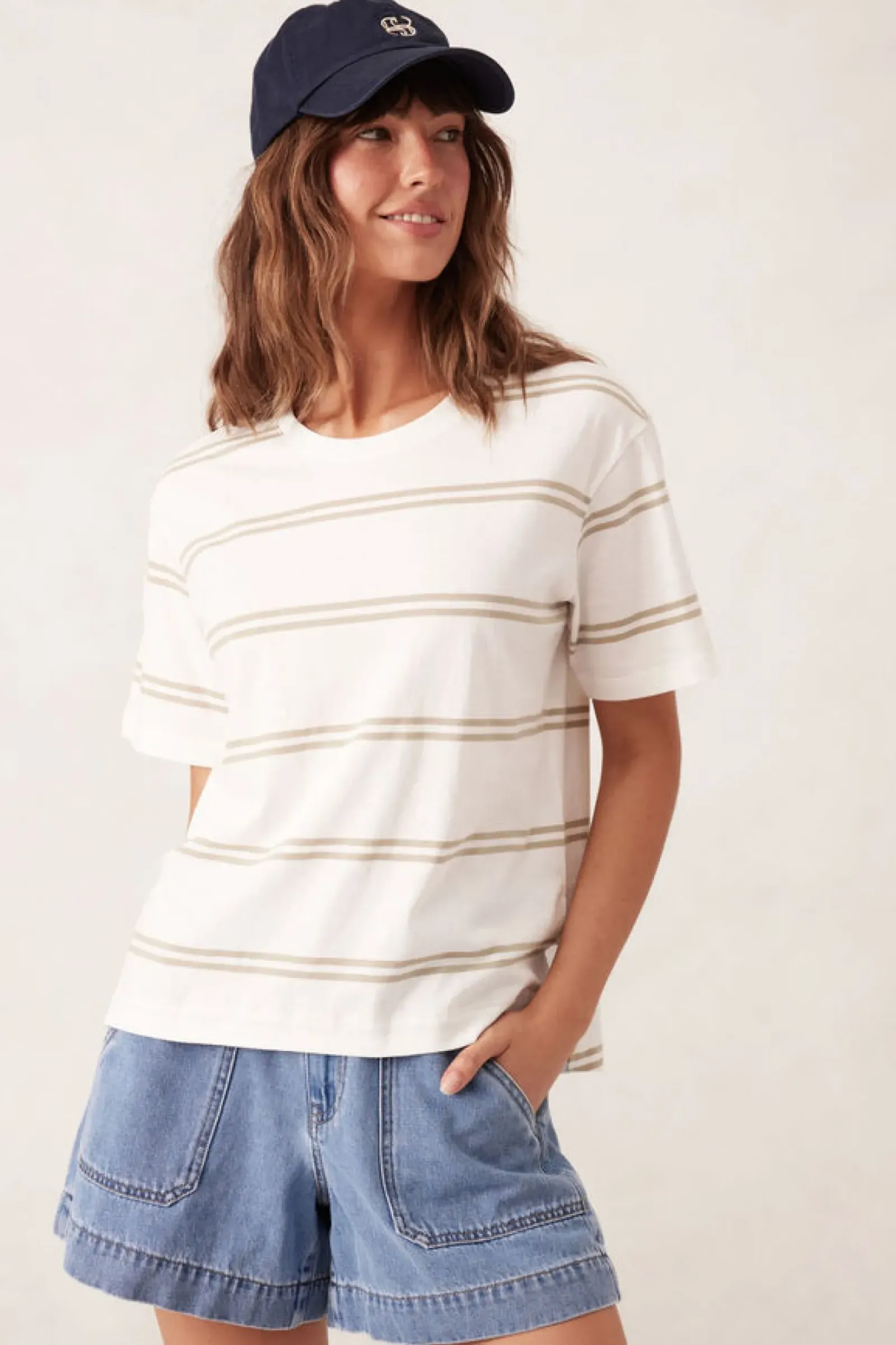Ceres Life Tops|Slouchy Split Hem Tee - Vanilla/Matcha Double Stripe