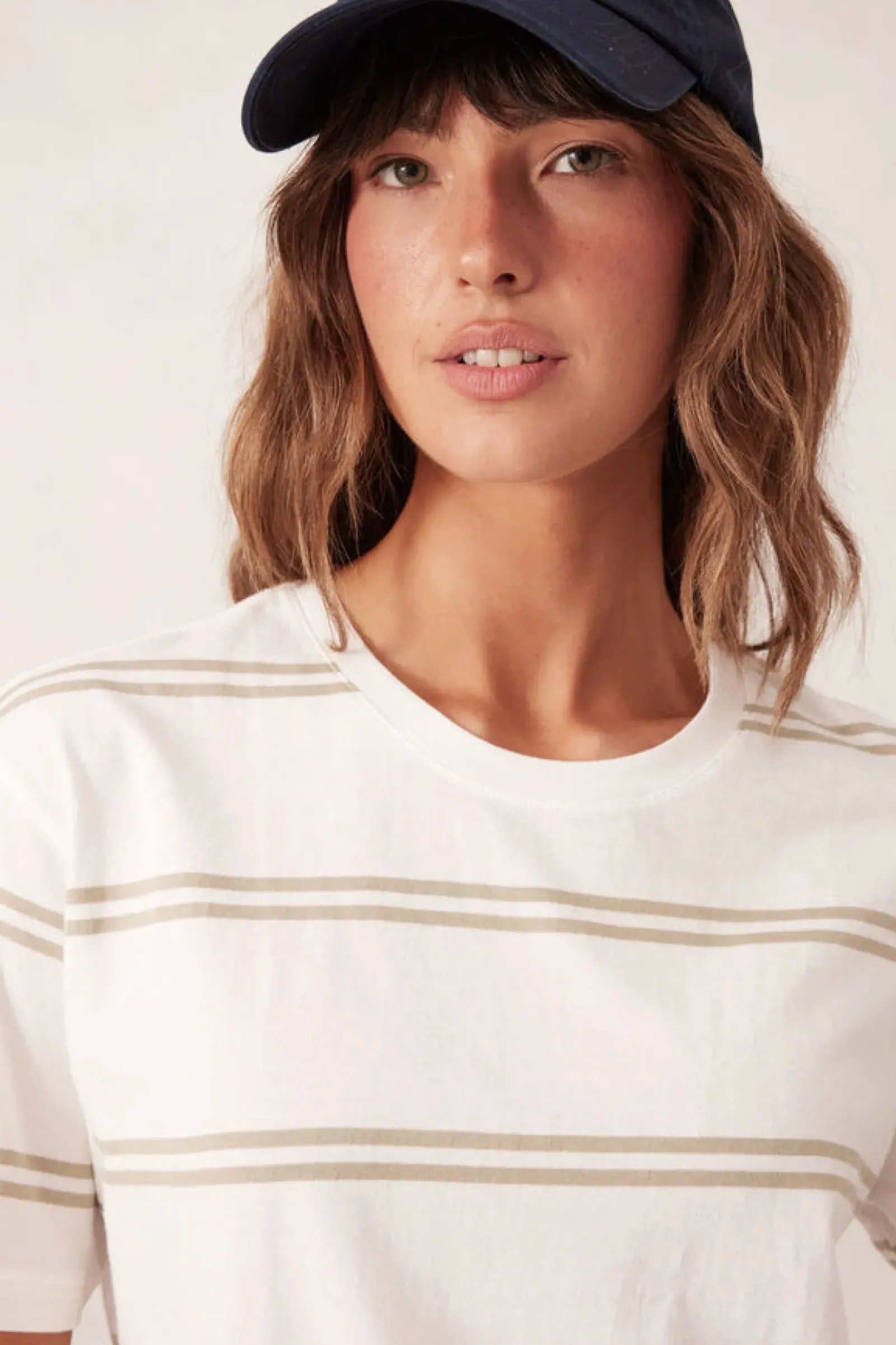 Ceres Life Tops|Slouchy Split Hem Tee - Vanilla/Matcha Double Stripe