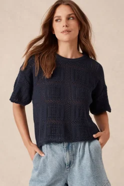 Ceres Life Tops|Square Knit Boxy Tee - New Navy