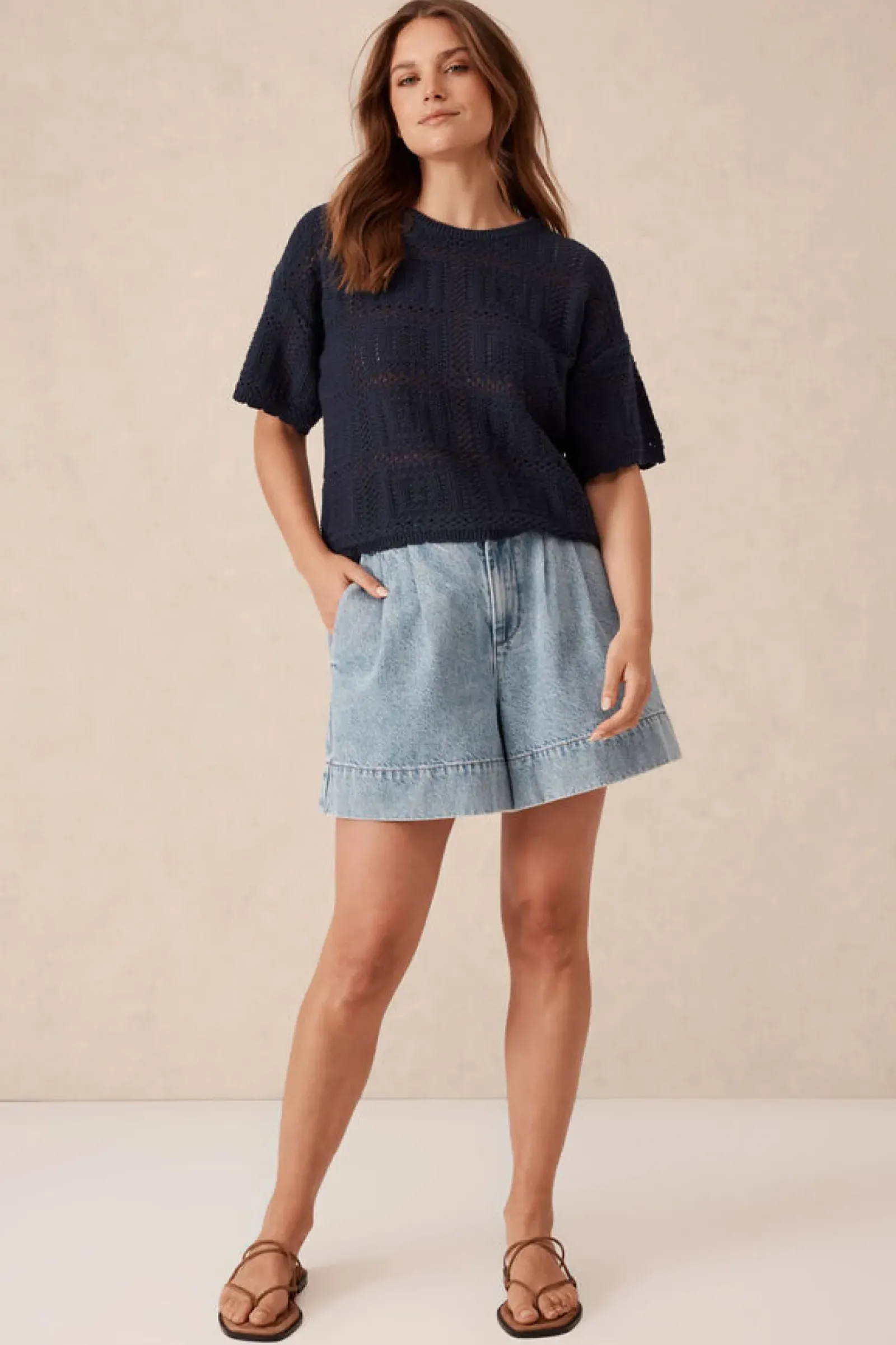 Ceres Life Tops|Square Knit Boxy Tee - New Navy