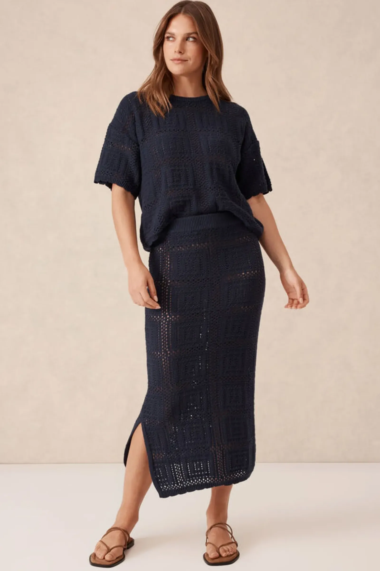Ceres Life Skirts|Knitwear|Square Knit Midi Skirt - New Navy