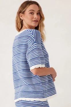 Ceres Life Tops|Textured Boxy Knit Tee - Summer Blue Stripe