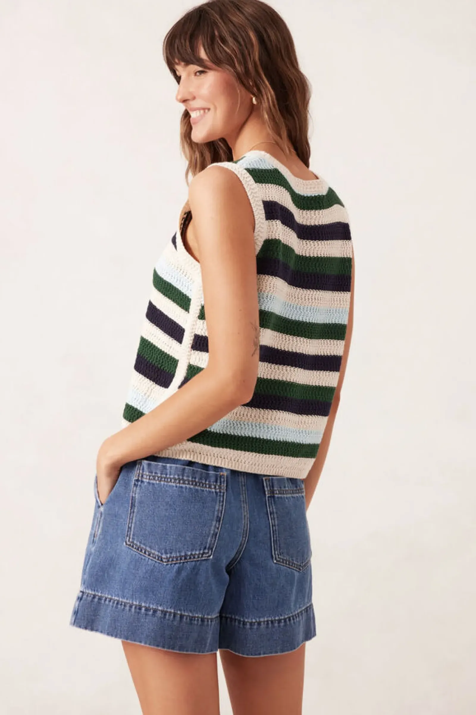 Ceres Life Tops|Textured Mulit Stripe Knit Tank - Aqua Pine Navy Stripe