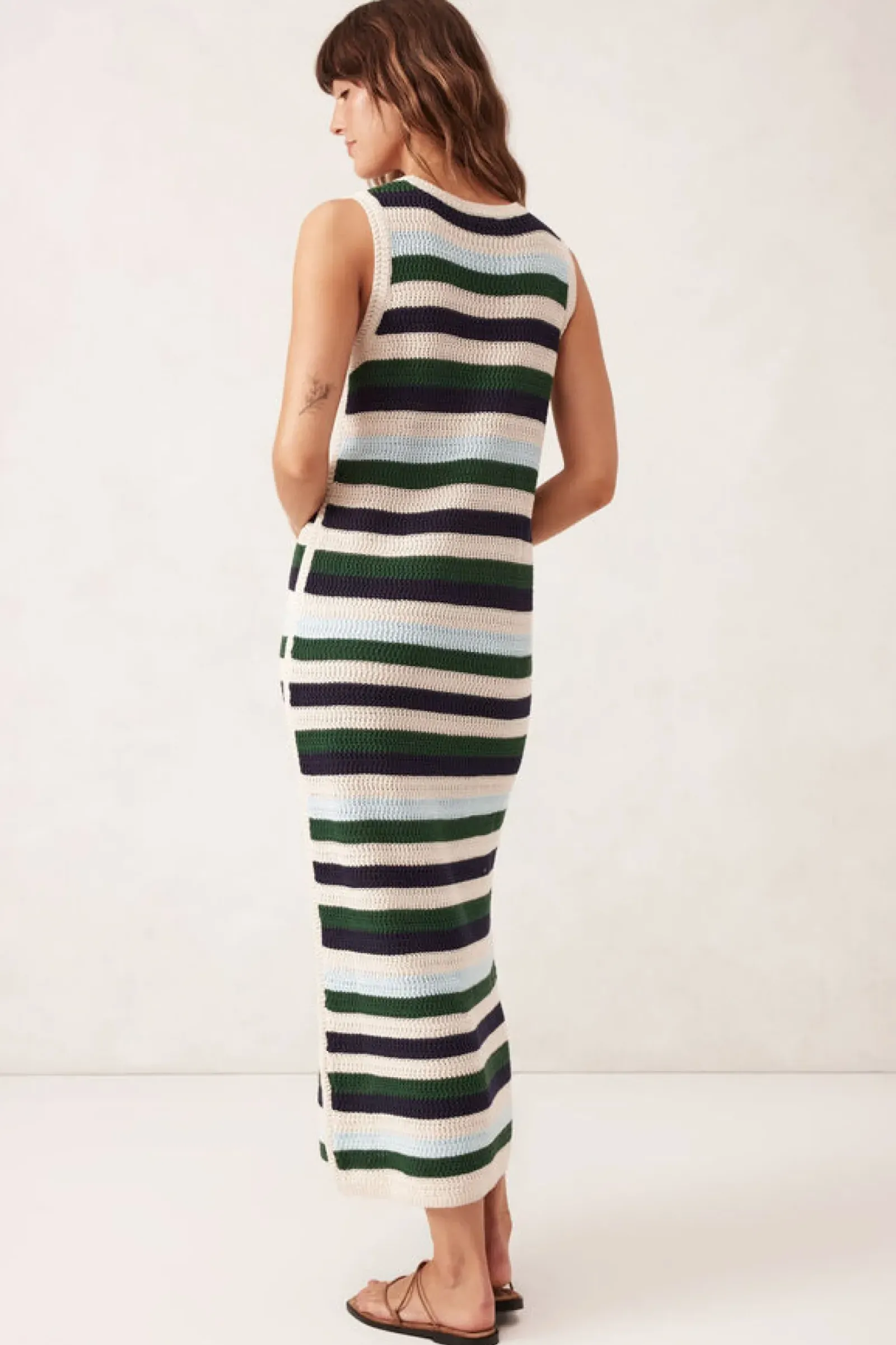 Ceres Life Knitwear|Dresses|Textured Multi Stripe Knit Midi Dress - Aqua Pine Navy Stripe