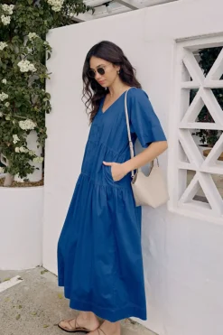 Ceres Life Dresses|Tiered Poplin Midi Dress - Fresh Cobalt