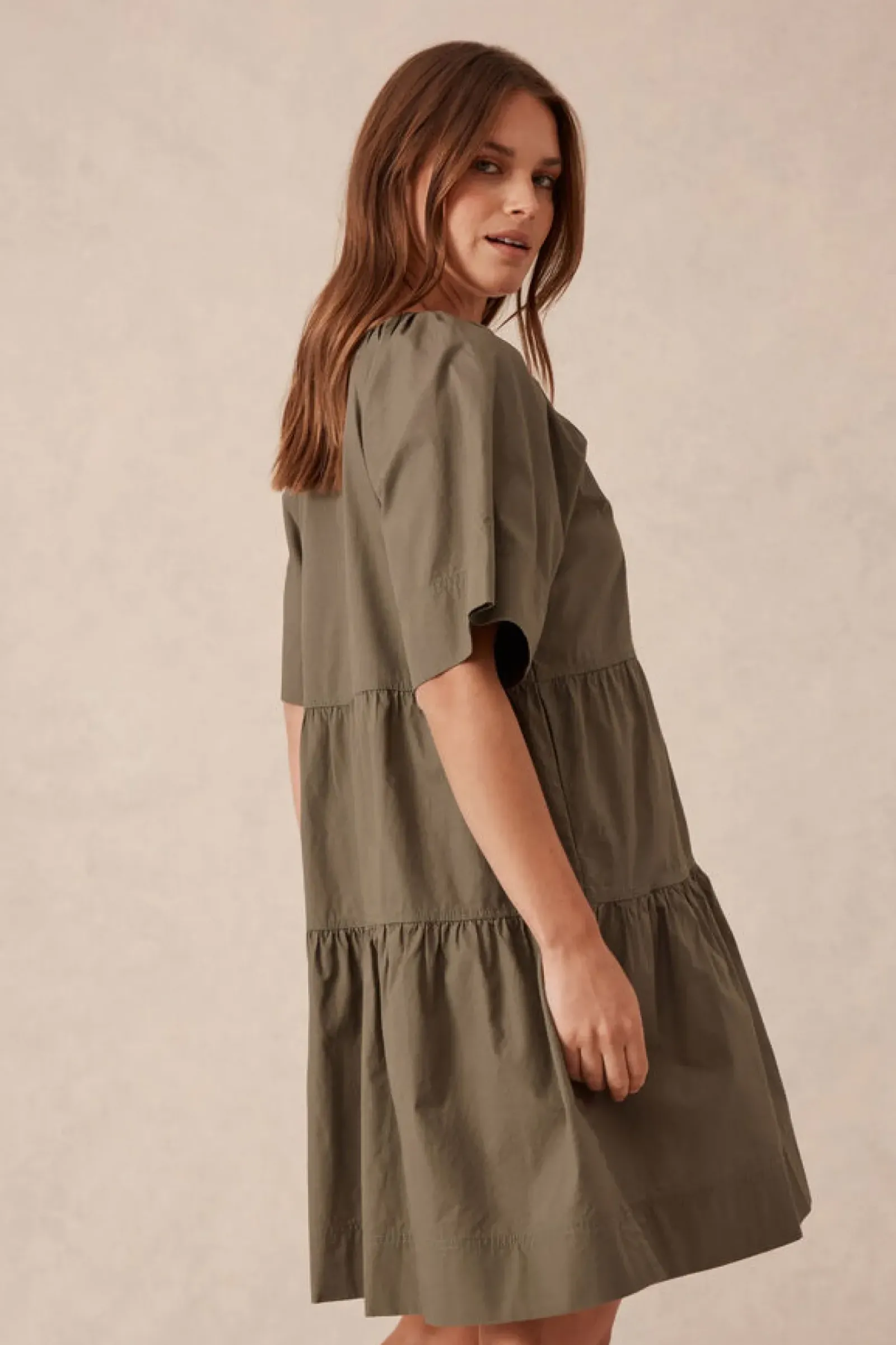 Ceres Life Dresses|Tiered Poplin Mini Dress - Soft Olive