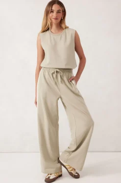 Ceres Life Pants|Wide Leg Terry Trackpant - Matcha Side Stripe