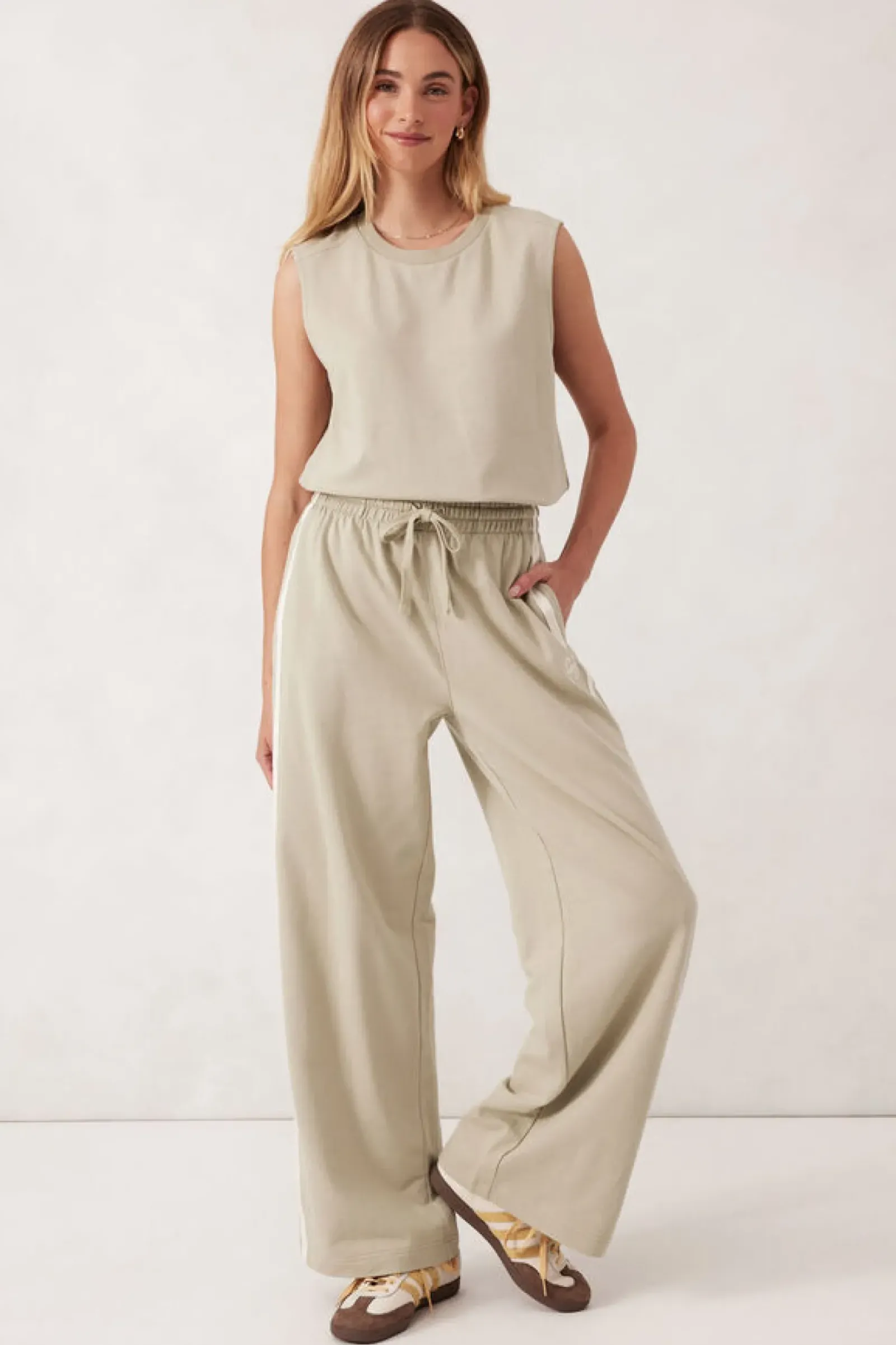 Ceres Life Pants|Wide Leg Terry Trackpant - Matcha Side Stripe