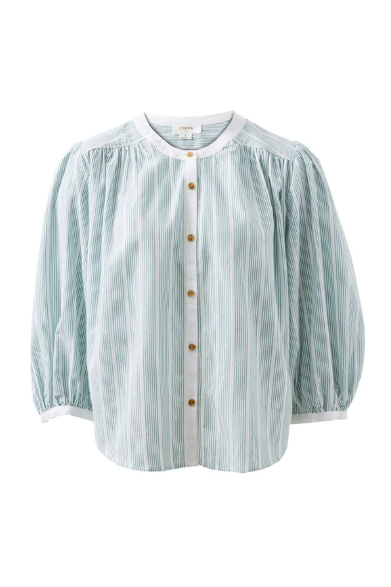 Ceres Life Tops|Woven Collarless Top - Green Ladder Stripe
