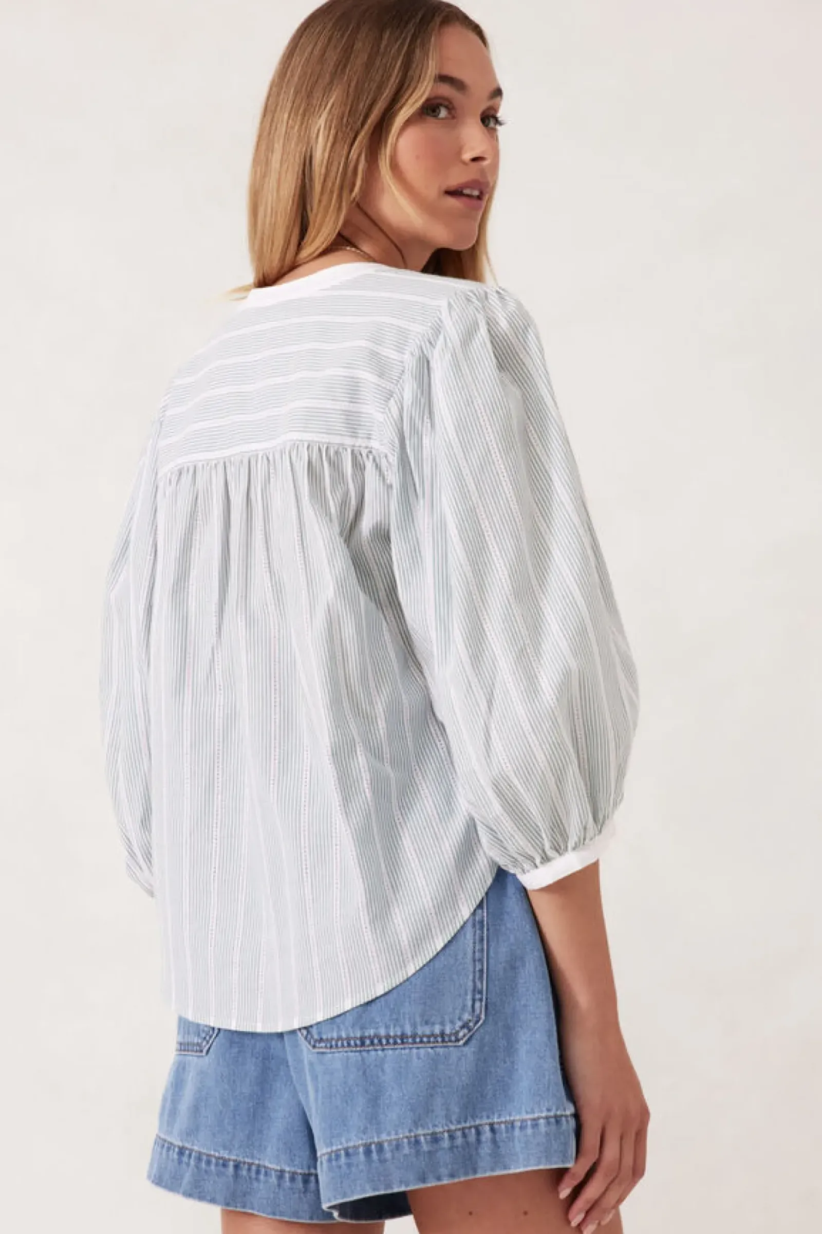 Ceres Life Tops|Woven Collarless Top - Green Ladder Stripe