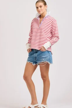 Est1971 Jumpers|Est 1971 Rugby Frill Collar Cotton Sweatshirt - Raspberry Stripe