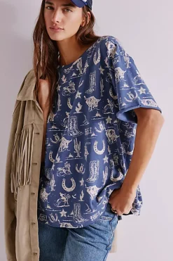 Free People Tops|Painted Floral Tee - Navy Combo