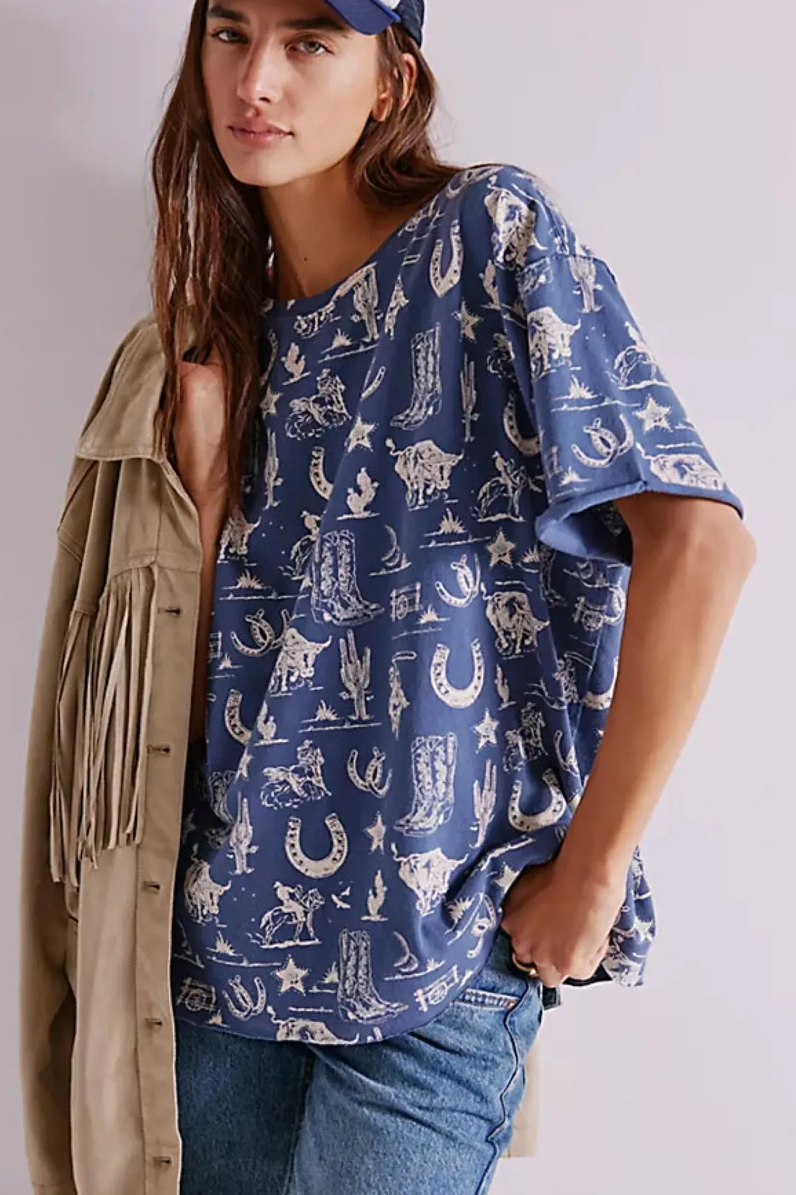 Free People Tops|Painted Floral Tee - Navy Combo