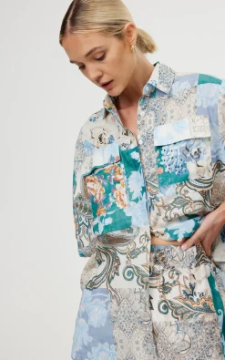 Kinney Tops|Juniper Shirt - Cyan Patchwork