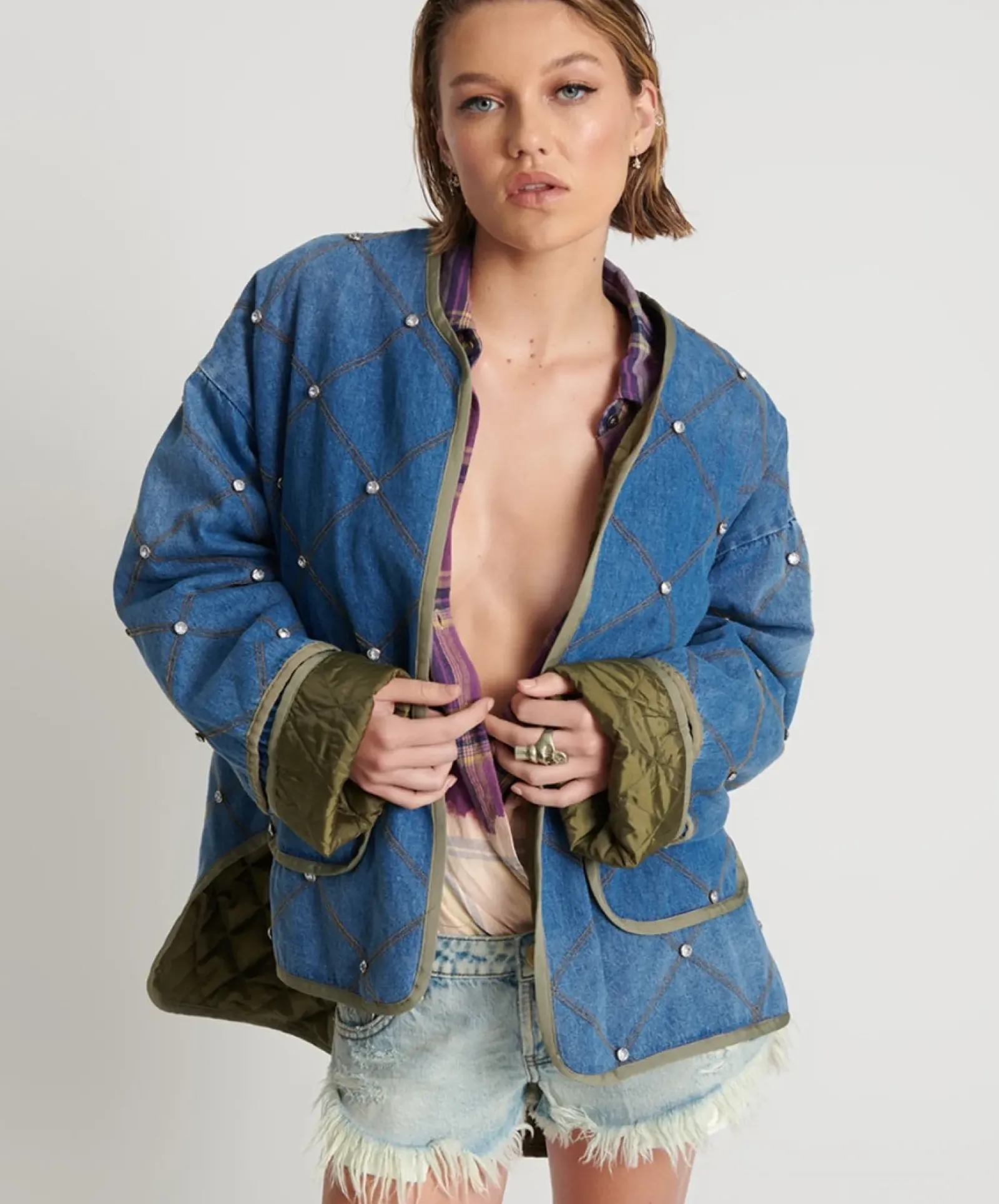 One Teaspoon Jackets & Coats|Bay Blue Quilted Crystal Studded Jacket