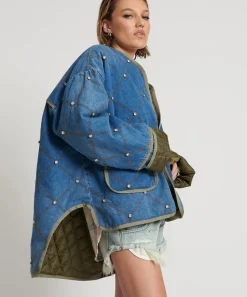 One Teaspoon Jackets & Coats|Bay Blue Quilted Crystal Studded Jacket