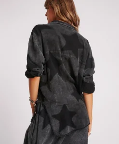 One Teaspoon Tops|Black Star Muslin Longline Shirt - Charcoal