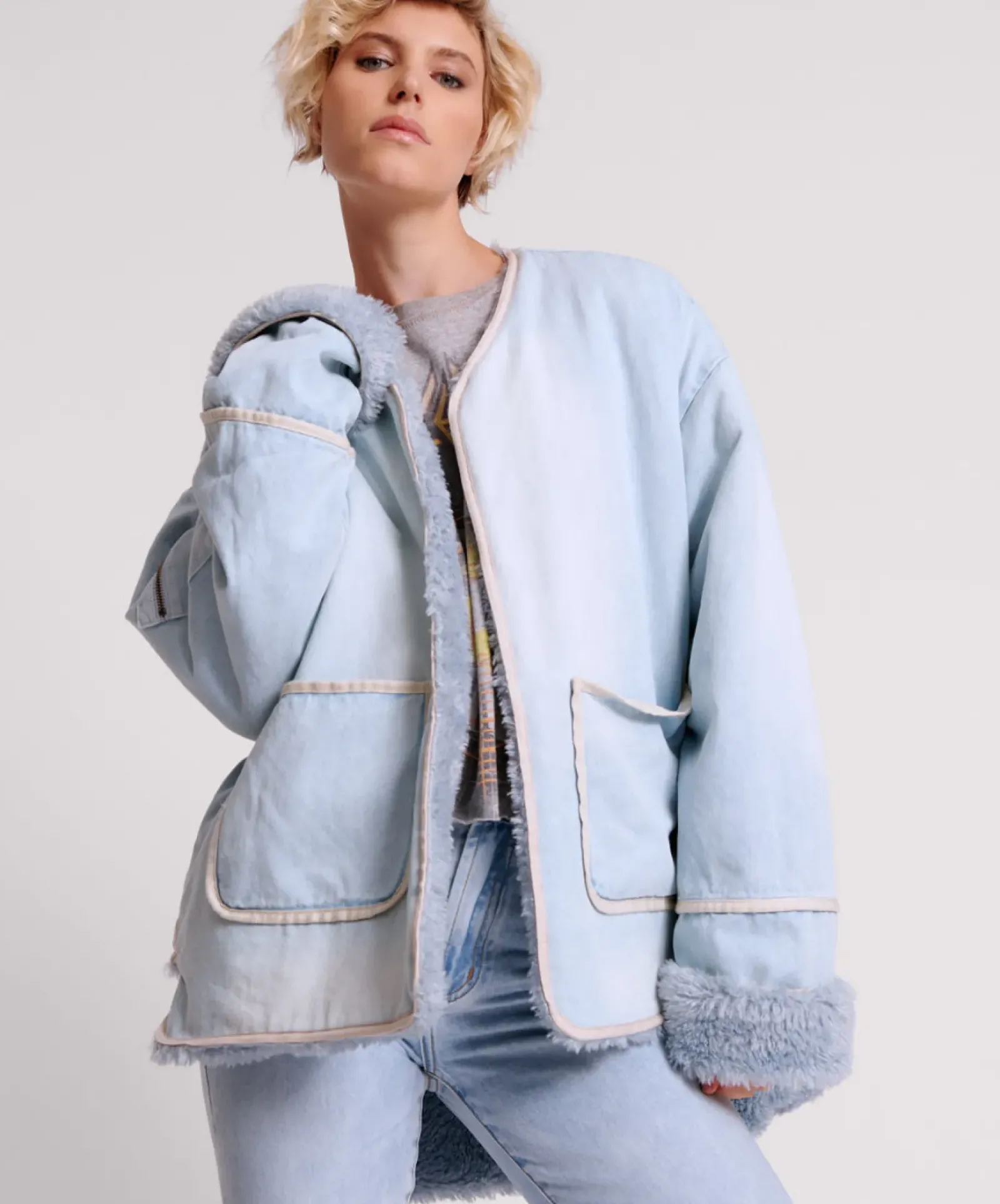 One Teaspoon Jackets & Coats|Blue Space Teddy Throwover Denim Jacket